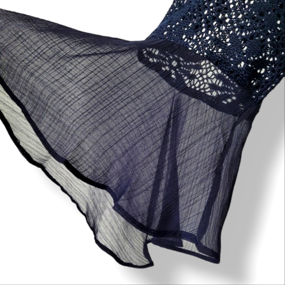 Gabby Skye Bell Sleeve Lace Navy Midi Lined Sheer Shift Dress, 12 - Picture 7 of 7